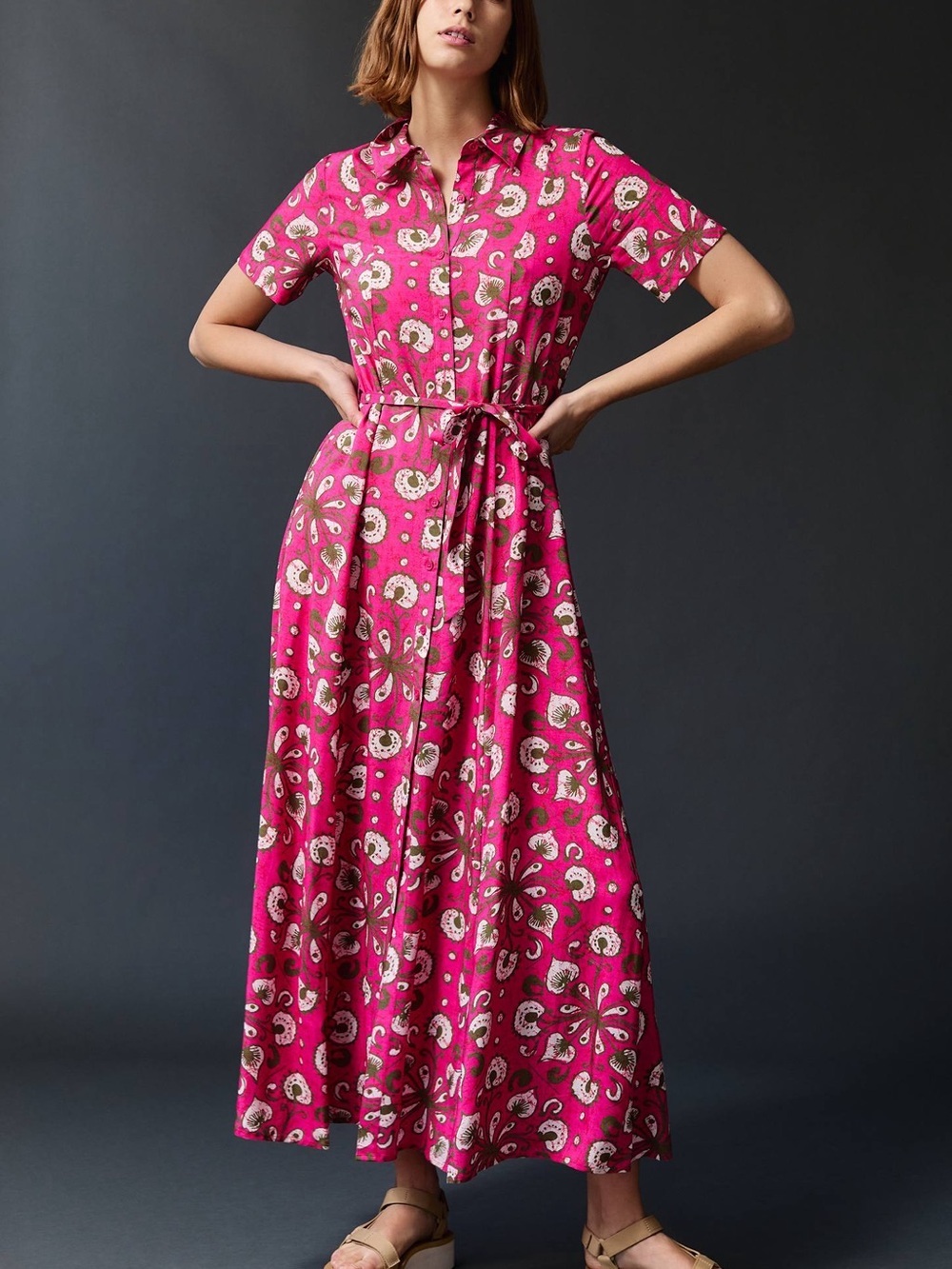 Anthropologie Porridge Fuchsia Paisley Shirt‑Waist Maxi Dress with Belt